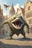 Placeholder: Fantasy art of a deformed hybrid abomination with the head of a open-mouthed basking shark on the body of a toad, standing in a medieval city square