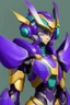 Placeholder: One Genderless Cyborg made of old metal, has a human like face with a really long violet ponytail, the armor is similar to Omega from Megaman. The color palatte of the armour is deep purple and yellow. They have clear visor, and have Turquoise colured eyes.