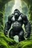 Placeholder: A giant gorilla rising , an old age , he has a sleepy expression ,his body overgrown with moss and vegetation, looking at small human ,as seen from behind the human,lush phantasy setting, fantastical world build, immaculate resolution, immaculate details,8K quality, animals frolic around