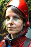 Placeholder: Fotorealistisch jugendliche Frau in roter Lederkombination mit geschlossenem Helm schaut Beobachter direkt an, alles über Augen und alles unter Mund ist vom Helm verdeckt