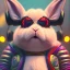 Placeholder: pixar style anamorphic cute rabbit baby, smiling, cyberpunk headphone, sunglass, gangsta gold neckless, full body, magenta puffer jacket, manila city backdrop, dramatic lighting, hyper realistic, unreal engine 5, 16k