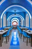 Placeholder: A restaurant with the outer shape of the walls in blue and a white floor. It contains one table in the middle of the restaurant, and the walls are oval in shape, containing 30 chairs.