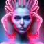 Placeholder: cyberpunk, head, women, portrai, tron sketch of a girl on lined paperA beautiful one nude body of a make up smiling woman blond long hair, alone, high key lighting, volumetric light high details with white stripes and blue eye, smiling with plump pink lips, flowers around, unreal engine petit prince belle fine, profil de trois quart, grand front cosmique, peau bleu cristalline, yeux bleu, perle sur le front long cheveux blond et rose etoilé, cristaux sur le corps, collier de grande princesse, l