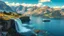 Placeholder: a picturesque natural landscape that includes majestic mountains and a serene countryside. Additionally, incorporate details about a stunning, large waterfall that enhances the beauty of the scene. The output should be structured as a narrative, painting a clear image with rich, descriptive language that evokes the sights and sounds of this beautiful environment water fall falls to a big sea with modern shipe in it.16 by 9