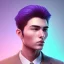 Placeholder: man, cute face, white highlight hair, brown eye, white, skin, purple suits, futuristic, science, purple, blue, dark pink background lighting, technology, profile, asian boy, square face, orange backlight, vagina, clitoris