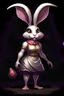 Placeholder: beautiful anthropomorphic rabbit woman with a rabbit nose, rabbit tail, big rabbit ears, rabbit like paws for feet, and a fur covered body