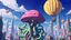 Placeholder: The image is a digital illustration of a futuristic cityscape with a large mushroom-like structure in the center. The mushroom has a pink and purple color scheme and is covered in green tentacles. The tentacles are intertwined and extend from the base of the mushroom, creating a complex and intricate design. The cityscape is made up of tall buildings and skyscrapers, with a mix of modern and traditional architecture. The sky is a deep blue with a few clouds, and there are several hot air balloon