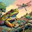 Placeholder: Create a digital pop art poster in the style of James Jean depicting a whimsical multicolored Toad sitting on a heavily textured fallen tree with rough bark and lichens and looking up at a dragon fly. Use a variety of pastel colors.