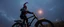 Placeholder: style John Atkinson Grimshaw,3d airbrush render, cut out darkling slender gnome on huge bike with bright aura , pinhole cam, airbrush 3d rendering, torn edges on border