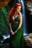 Placeholder: Close UP, delicate, cute, soft, skinny belly red haired Young lady, Green eyes , cave waterfall, medieval