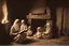 Placeholder: A close-up scene of an Arab mother reading the story from a book with her children around her in the room of the old wooden house near the fireplace 100 years ago.