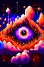 Placeholder: 8-bit pixel art, pixelated colourful eye with purple and orange gradient iris shooting lightning out of its pupil, cloudy pink and purple cosmic background with whimsical stars and smoky galaxies, game screenshot, cinematic still, 2d, 8-bit game