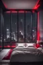 Placeholder: penthouse, bedroom, luxury, richly, fancy, modern, minimalism, red leds, big bed, big window overlooking the fancy city at the night, night, black, white, mafia vibe, future