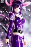 Placeholder: Detailed cute anime Kunoichi girl, purple hair buns, purple bangs, black latex bodysuit, intricate details, full body portrait, keep head in frame, slight smile, black Japanese motif, concept art, highly detailed, digital painting, concept art, sharp focus, illustration, art by Yoji Shinkawa, WLOP and greg rutkowski and alphonse mucha and artgerm and yanjun Chen and Junji ito and Makoto Shinkai, HDR, octane render