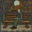 Placeholder: a painting of a man sitting on a bench by Steve Brodner, pixiv, naive art, tarot card, whimsical, woodcut