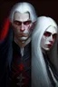 Placeholder: A couple, from the dnd game curse of Strahd. The woman has long white hair and blue eyes, the man has LONG BLACK hair and red eyes, no facial hair.