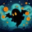 Placeholder: Cartoon whimsical fantasy nighttime black ghost made of shadows and gas with orange eyes