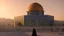 Placeholder: A Palestinian woman wearing an embroidered dress with the Dome of the Rock in front of her during sunset in winter.