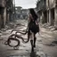 Placeholder: a woman with dark hair and octopus legs, walking along a derelict street