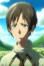 Placeholder: Attack on Titan screencap of a female with short, Wolf cut hair and big greenish black eyes. Beautiful background scenery of a flower field behind her. With studio art screencap.