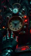 Placeholder: Bosch style nightmares of clocks, computer board , mini lights, eyes balls, complicated electronics components, robot hand,dashboard, laser beam