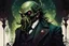 Placeholder: highly detailed color woodcut concept character illustration of a world weary, Cthulhu dressed as a gothic Victorian gentleman , maximalist, sharp focus, highest resolution, in the styles of Denis Forkas , Bill Sienkiewicz, and Masahiro Ito, boldly inked, 8k, coarse, gritty textures