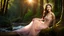 Placeholder: A gorgeous smiling Asian model in a fairy outfit in a wood with 1000 y/o trees, a small torrent, sun rays through the branches, particles in the air at dawn