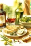 Placeholder: watercolor of food as temporary art, with olives, olive oil, bread, 2 wineglasses and cheese