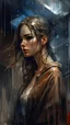 Placeholder: A stunningly elegant woman stands amidst a torrential downpour, captured in breathtaking artwork by renowned artists Abdel Hadi Al Gazzar, Abed Abdi, Greg Rutowski, WLOP, Alphonse Mucha, and Russ Mills. This mesmerizing image portrays the woman's natural beauty amidst the rain, her wet hair clinging gracefully to her face. The artistic medium, whether a painting, photograph, or other artistic creation, brings the scene to life in vivid detail. The image's impeccable quality showcases the impecca