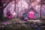 Placeholder: a cute pink and blue fairy house in the forest, spring time, mushrooms, 8k, flickering light, centered, high-quality, fine-detail, digital art, detailed matte, volumetric lighting, illustration, 3D octane render