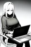 Placeholder: hacker girl use a laptop sitting in a cafe, line arts, greyscale