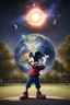 Placeholder: Mickey Mouse with a Supernova above the hand of an Earth person in a developed public park