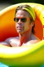 Placeholder: brad pitt sitting in donut swim ring with goggles on