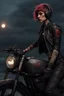 Placeholder: scarred cyberpunk vampire girl with tribal tattoos short cropped cyberpunk hair riding a black cafe racer motorcycle in a post apocalyptic wasteland at 3 am