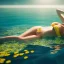 Placeholder: Playboy girl underwater with yellow flowers for hair, closed eyes, rtx, reflection, 8k, glow, winning photography, caustics