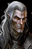 Placeholder: ancient grizzled, gnarled elf mage, he has long, grey hair streaked with black, highly detailed facial features, and sharp cheekbones. His eyes are black. He wears weathered medieval leather clothes. he is lean and tall, with pale skin, full body with thigh high leather boots and has a dark malevolent aura in the comic book style of Bill Sienkiewicz and Jean Giraud Moebius in ink wash and watercolor