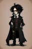 Placeholder: black haired black eyed young man necromancer steampunk Gnome that looks like a young Edgar Allan Poe with gothic jewelry in the style of Charles Addams