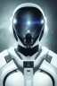 Placeholder: Black intergalactic pilot suit Quorra, portrait, bright white eyes, wearing high tech pilot face mask, beautiful face, white smoke, dark, rage, sorrow, high definition, ultra 8 k, volumetric lighting, blue fire, fog