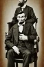 Placeholder: Abraham Lincoln, cleanshaven sitting in a chair in a log cabin holding a top hat background vintage photography, beautiful, Tumblr aesthetic, retro vintage style, HD photography, hyperrealism