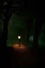 Placeholder: Night, lantern, square bench, dirt roads, trees, gothic horror films influence, creepy, photography