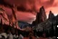 Placeholder: mountains, a gloomy rocky landscape, cypresses stretching up in the foreground, rocks and a bloody sky in the background