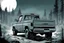 Placeholder: pickup truck, rear, forest, standing, silhouette, comic book,post-apocalypse, gray background, night time,