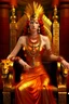 Placeholder: A mature Egyptian goddess with red hair and amber eyes, wearing a red silk gown and a necklace of scarabs. She is sitting on a throne made of gold, carved with the head of a wise and ancient dragon