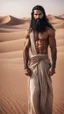 Placeholder: An Arab man in the desert, tall and strong, with long black hair and a thick beard. A long face, a large nose, a thick face, and sharp black eyes. A solid and muscular body with a strong build.