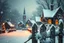 Placeholder: minimalism, fantasy funny winter Christmas, heavy snow snowing, deep rich dark warm colors, magic lighting, minimalism, beautiful, fantastical, magical background, shimmering,encaustic colors, beautiful snowy vintage Victorian houses village, closeup of a beautiful bird sitting on old snowy broken fence, minimalism