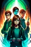 Placeholder: Design a book cover for fantasy criminal story. Three teenage-detectives in the centre. One girl and two boys. Book is for teenagers