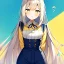Placeholder: portrait anime maid, long hair, hyper detailed, intricately detailed, looking at viewer, arms behind back pose, blue short pants, yellow blouse with a knot on the bottom, lemon background, air bubbles, summer vibe, close up shot, ambiguous lines image, flat dimensional style, flat lines, rough drawing --ar 2:3