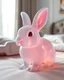 Placeholder: Generate image: A macro 3D render of a cute, lovely wooly rabit,made of Translucent glossy jelly material, soft gelatinous appearance, smooth rounded surface, realistic subsurface scattering, internal light diffusion, subtle volumetric translucency, wet polished highlights, slightly reflective surface, soft rubbery-plastic texture, vibrant neon color, physically based shader, studio lighting, high-end CGI render.on a conform in a luxury bedroom.