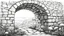 Placeholder: Ground-level outline sketch of a mushroom with octopus tentacles with a crumbling stone wall and an arch behind