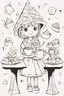 Placeholder: A little girl with a triangular party hat, enjoying a tea party with geometrically shaped cookies and cups. Use triangles for the hat, cookies, and other party decorations. very happy , Colloring page for todlliers ; basic hawali style cartoon , black and white , ink outlines , , smooth , anime style , minimalist , cute eyes , full body , white shose , sketchbook , realistic sketch , free lines , on paper , character sheet , clean line art high detailed